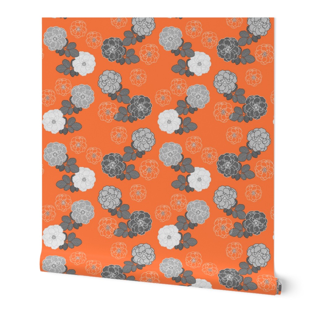 Granny's Rose Trellis - greyscale on tangerine, medium to large 