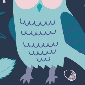 Owls in Autumn - Aqua, lilac and teal on navy - Large Jumbo