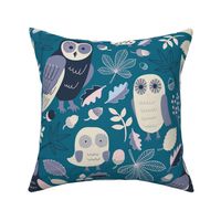 Owls in Autumn - Very Peri, Navy and white on teal - Large scale