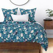 Owls in Autumn - Very Peri, Navy and white on teal - Large scale