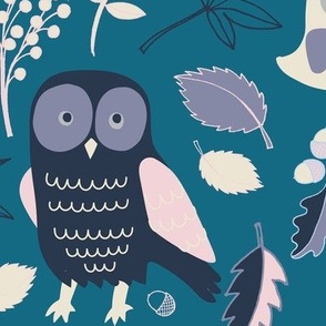 Owls in Autumn - Very Peri, Navy and white on teal - Large scale