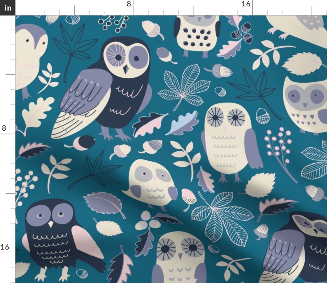 Owls in Autumn - Very Peri, Navy and white on teal - Large scale