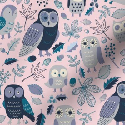 Owls in Autumn - Teal and Very Peri Lilac on Cotton Candy - Medium scale