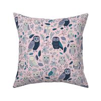 Owls in Autumn - Teal and Very Peri Lilac on Cotton Candy - Medium scale