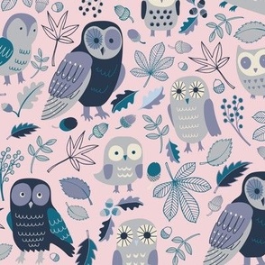 Owls in Autumn - Teal and Very Peri Lilac on Cotton Candy - Medium scale
