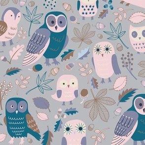 Owls in Autumn - Cotton Candy, teal and tan on grey - Small