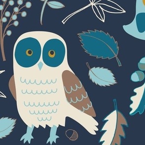 Owls in Autumn - Mustard, turquoise and teal on navy - Large