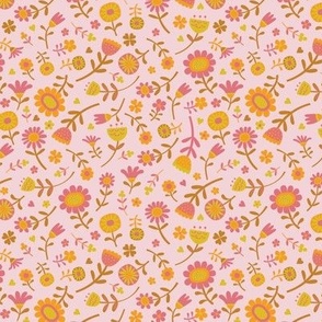 Folk Floral Scatter - Watermelon, Hot mustard, Clementine and Desert Sun on Cotton Candy - Petal Solid Coordinates