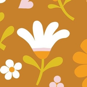 Folk Floral Scatter - Cotton Candy, clementine and hot mustard on Desert Sun - Large scale - Petal Coordinate