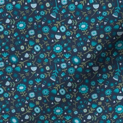 Folk Floral Scatter - Turquoise, teal and sage on Navy - Petal solid coordinate - Small scale