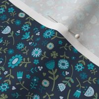 Folk Floral Scatter - Turquoise, teal and sage on Navy - Petal solid coordinate - Small scale