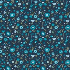 Folk Floral Scatter - Turquoise, teal and sage on Navy - Petal solid coordinate - Small scale