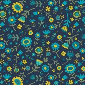 Folk Floral Scatter - Sea Blue Teal, Hot Mustard, Turquoise and Sage on Navy - Petal Solid Coordinates