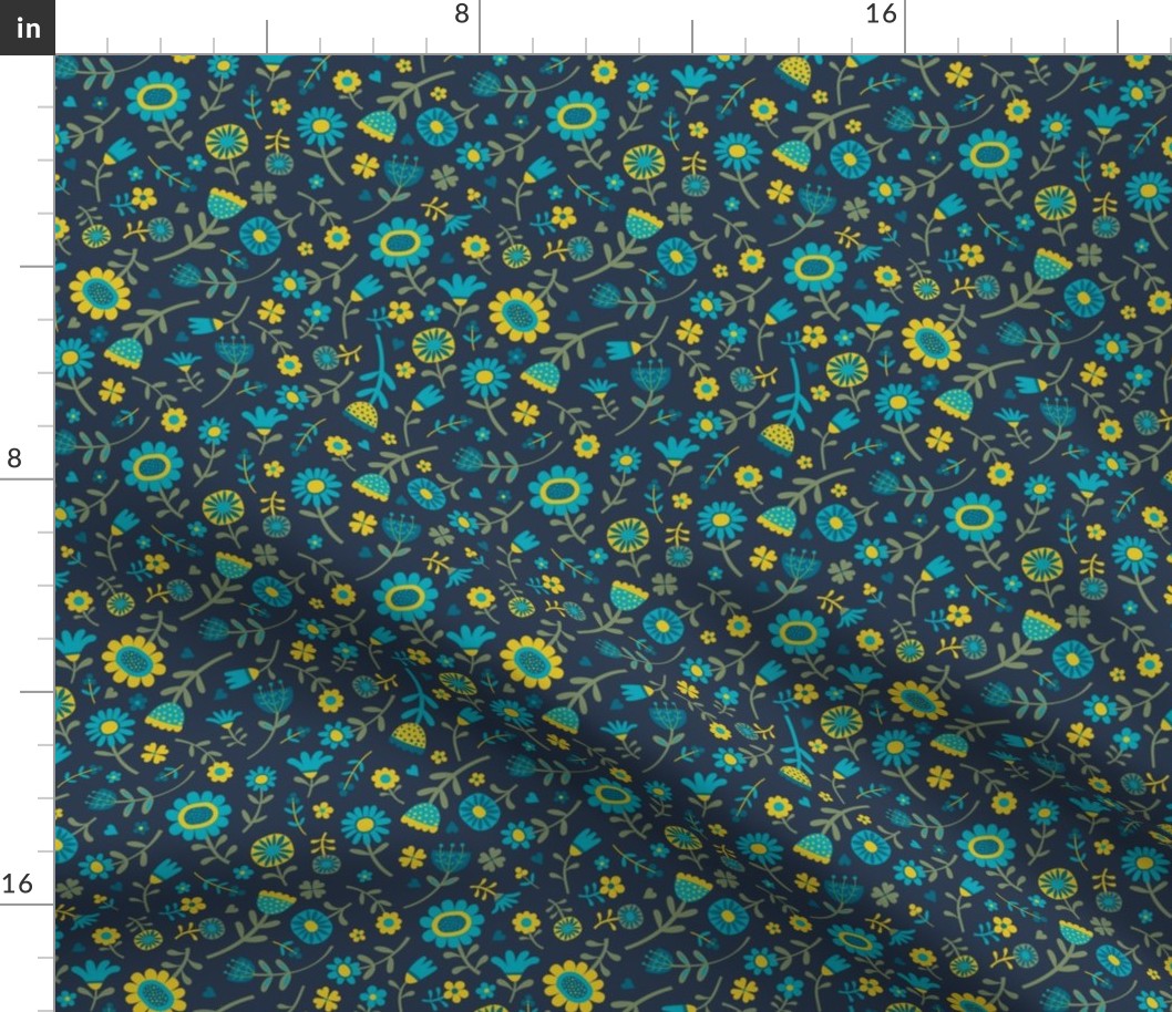 Folk Floral Scatter - Sea Blue Teal, Hot Mustard, Turquoise and Sage on Navy - Petal Solid Coordinates