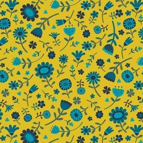 Folk Floral Scatter - Turquoise, teal blue, navy and sage on Hot Mustard