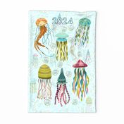 2024 Calendar Jellyfish and Gold Bling  Tea Towel Wall Hanging 