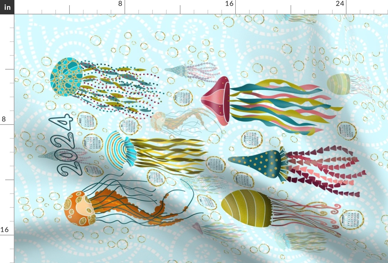 Jellyfish and Gold Bling 2024 Calendar Fabric Spoonflower
