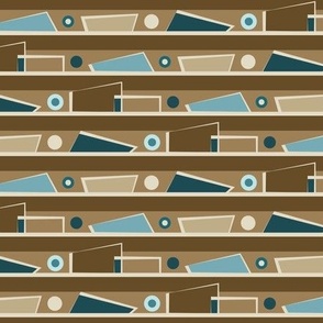 Geometric MCM Funky Horizontal Stripes with Polygon Shapes and Circles // V5 // Slate Blue, Denim Blue, Sky Blue, Wheat, Khaki, Coffee Brown // Small Scale - 686 DPI