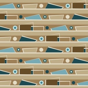 Geometric MCM Funky Horizontal Stripes with Polygon Shapes and Circles // V6 // Slate Blue, Denim Blue, Sky Blue, Wheat, Khaki, Coffee Brown // Small Scale - 686 DPI