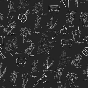 Herb garden, black and white, line drawing, cooking, chalk board,