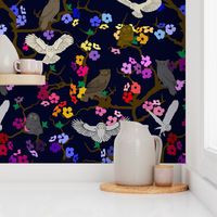 Colorful Owls and Blossoms Pattern