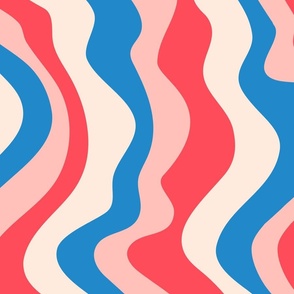 Good Vibrations Groovy Mod Wavy Psychedelic Abstract Stripes in Bright Red Subtle Pink Cream Blue - LARGE Scale - UnBlink Studio by Jackie Tahara