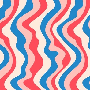 Good Vibrations Groovy Mod Wavy Psychedelic Abstract Stripes in Bright Red Subtle Pink Cream Blue - MEDIUM Scale - UnBlink Studio by Jackie Tahara