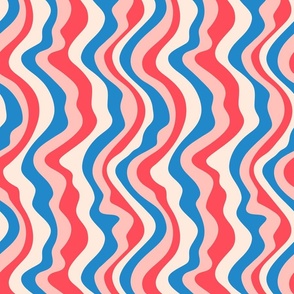 Good Vibrations Groovy Mod Wavy Psychedelic Abstract Stripes in Bright Red Subtle Pink Cream Blue - SMALL Scale - UnBlink Studio by Jackie Tahara