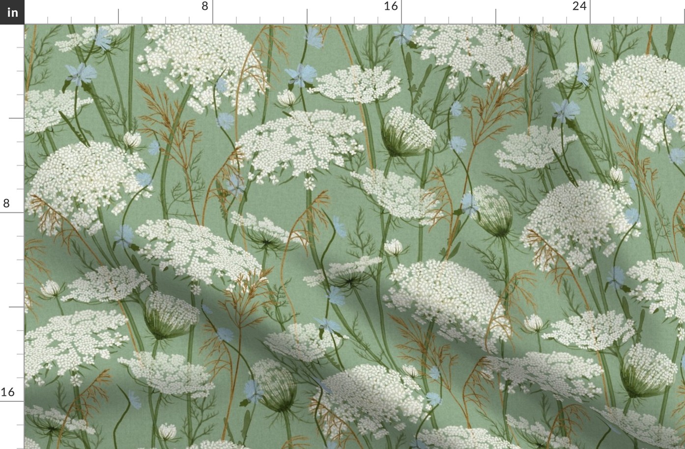 Medium Emerald  Wild flowers Cottage Core Floral Queen Anne's lace, chicory and grasses on Kelly green , intheweedsdc , neutralbotanicalsdc , floral wallpaper, Kelly green, emerald, celadon, floral home decor
