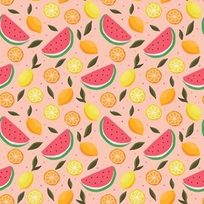 watermelon lemon and orange on pink background optimistic seamless pattern 