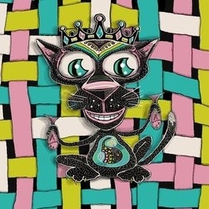 king of the fishing cats, medium large scale, pink ivory black & white blue turquoise aqua lime green yellow chartreuse fish retro check cat