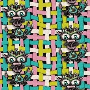 king of the fisher cats, small scale, pink ivory black & white blue turquoise aqua lime green yellow chartreuse fish retro check cat