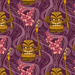 ★ TIKI NIGHT ★ Purple - Small Scale / Collection : Hawaiian Trip - Plumeria & Tiki for Aloha Shirt Prints 