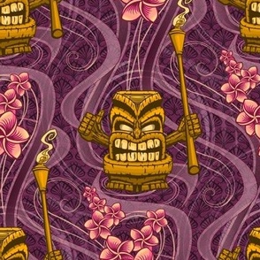 ★ TIKI NIGHT ★ Purple - Medium Scale / Collection : Hawaiian Trip - Plumeria & Tiki for Aloha Shirt Prints 