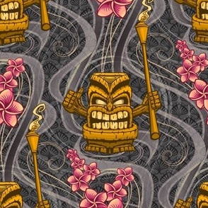 ★ TIKI NIGHT ★ Gray - Medium Scale / Collection : Hawaiian Trip - Plumeria & Tiki for Aloha Shirt Prints 