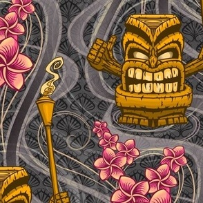 ★ TIKI NIGHT ★ Gray - Large Scale / Collection : Hawaiian Trip - Plumeria & Tiki for Aloha Shirt Prints 