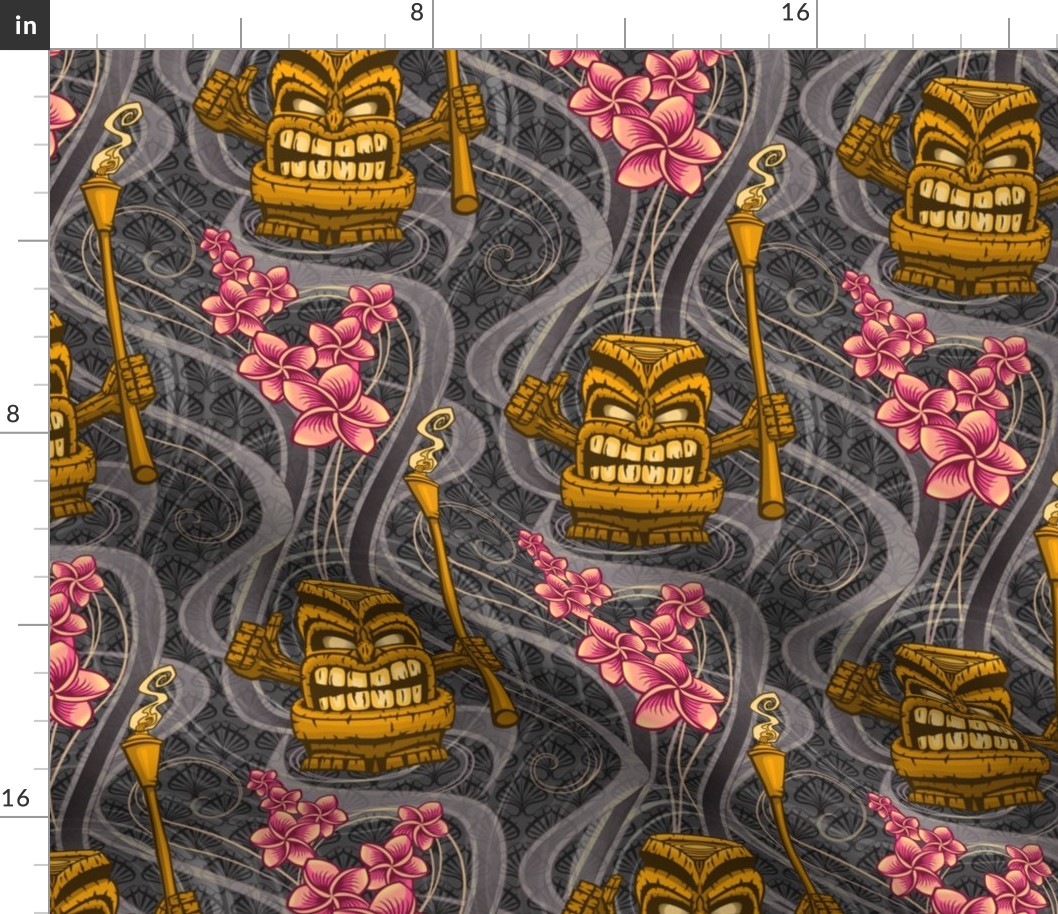 ★ TIKI NIGHT ★ Gray - Large Scale / Collection : Hawaiian Trip - Plumeria & Tiki for Aloha Shirt Prints 