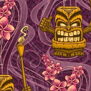 ★ TIKI NIGHT ★ Purple - Large Scale / Collection : Hawaiian Trip - Plumeria & Tiki for Aloha Shirt Prints 