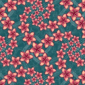 ★ HAWAIIAN LEI M ★ Frangipani Flowers / Teal Green + Pink - Medium Scale / Collection : Hawaiian Trip - Plumeria & Tiki for Aloha Shirt Prints 