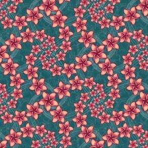 ★ HAWAIIAN LEI S ★ Frangipani Flowers / Teal Green + Pink - Small Scale / Collection : Hawaiian Trip - Plumeria & Tiki for Aloha Shirt Prints