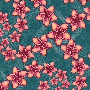 ★ HAWAIIAN LEI L ★ Frangipani Flowers / Teal Green + Pink - Large Scale / Collection : Hawaiian Trip - Plumeria & Tiki for Aloha Shirt Prints