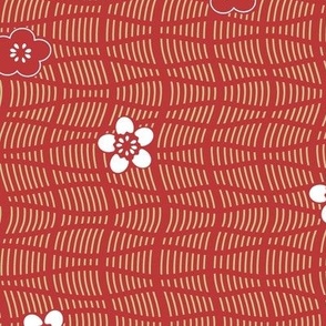 Japanese Cherry Blossom Wavy Lines red gold white