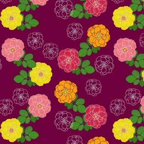 Granny's Rose Trellis #2 - marigold, watermelon, lemon lime on maroon plum, medium to large 