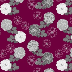 Granny's Rose Trellis - greyscale on maroon plum, medium to large 