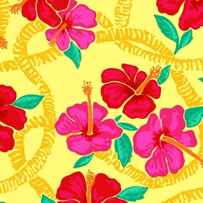 Red hibiscus and Ilima lei on yellow