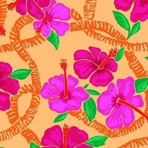 textile-180 fuscia hibiscus and Ilima lei on orange