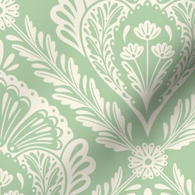 Lacy Floral Damask | Large Scale | Green & Cream