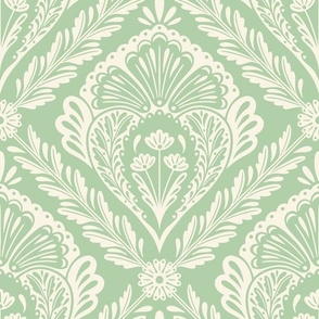 Lacy Floral Damask | Large Scale | Green & Cream