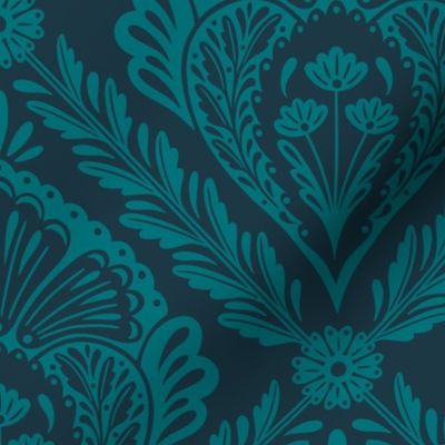 Lacy Floral Damask | Large Scale | Teal & Navy