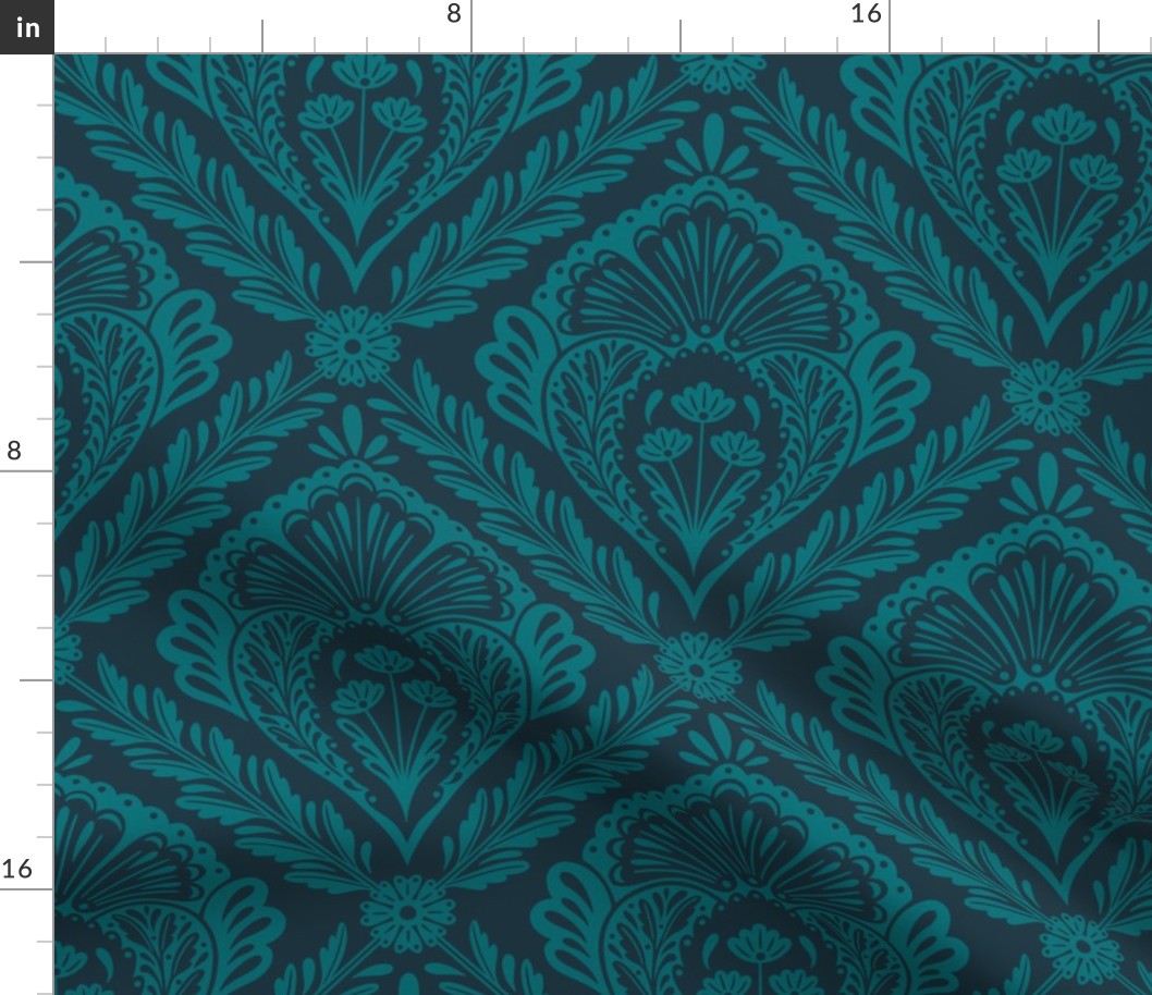 Lacy Floral Damask | Large Scale | Teal & Navy